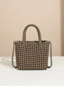 Sac à main rétro tissé à la main en satin pour femmes avec design ajouré en panier et bandoulière chaîne Sac à main mode