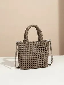 Sac cabas tissé à la main vintage avec poignée et bandoulière chaîne pour femmes.