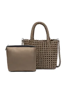 Sac cabas tissé à la main vintage avec bandoulière chaîne et pochette assortie chic