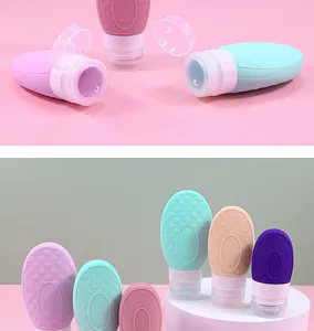 Silicone travel refillable bottles set, leakproof squeeze lotion containers for portable use.