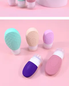 Silicone travel bottles set, leakproof squeeze containers for lotion, portable refillable jars.