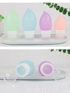 Portable silicone travel bottles set, teardrop design for shampoo and lotion, leak-proof.