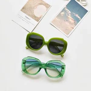 Korean style oversized round sunglasses for women, trendy green frame UV protection eyewear.