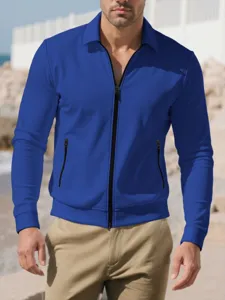 Heren Casual Wafel Zip Jas Effen Kleur Omgeslagen Kraag Lange Mouw Bovenkleding