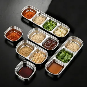 Stainless steel condiment dipping sauce dishes set for Korean BBQ and hot pot use details.