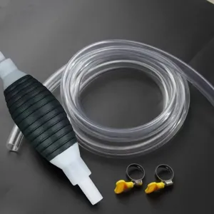 Manual hand siphon pump kit for automotive fuel oil transfer with clear hoses and clamps.