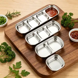 Stainless steel divided dipping sauce dishes set, multi-compartment seasoning plates for kitchen.