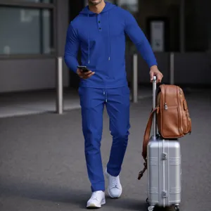 Men Waffle Knit Hoodie And Pants Casual Two Piece Set Solid Color Long Sleeve Pullover Tracksuit Activewear