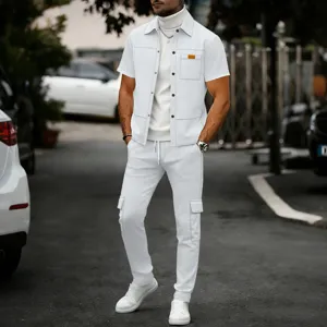 Men's waffle knit short sleeve jacket and cargo pants casual matching two piece set white