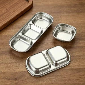Stainless steel dipping sauce dish set, 3-compartment and single square plates for BBQ.