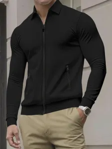 Heren Casual Waffel Rits Jas Polo Kraag Slim Fit Casual Bovenkleding met Zakken
