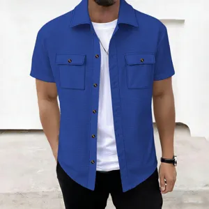 Close-up view of men's casual short-sleeve waffle shirt with chest pockets and stylish buttons.