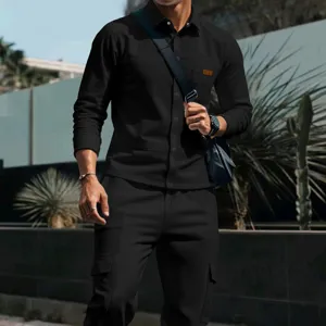 Men's black waffle weave casual long sleeve shirt and cargo pants outfit street style