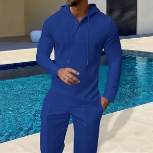 Men's waffle knit hoodie long sleeve top and pants set detail view, casual two piece outfit