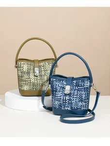 Woven bucket bag for women, contrast color washed denim crossbody shoulder bag, stylish new design.