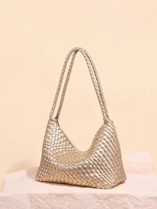 Retro PU Cuero Tejido a Mano Bolso de Hombro Casual Color Sólido Hobo Axila Dumpling Bolso para Mujeres Viaje Diario Bolso de Mano Con Bolsa