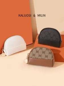 Vintage Geometric Monogram Woven Coin Purse Multi Functional Mini Zipper Wallet Exquisite Half Round Keychain Bag Storage For Women