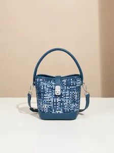 Womens PU Leather Bucket Bag Woven Contrast Color Shoulder Crossbody Bag Fashion Casual Handbag For Daily Use