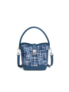 Stylish women blue denim woven bucket bag casual shoulder crossbody bag with leather trim