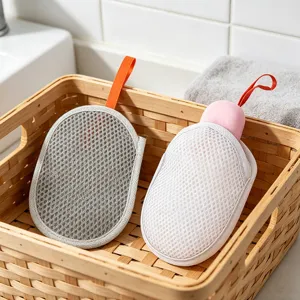 Detailed view of dual-color mesh foaming nets with hanging straps for daily face cleaning.