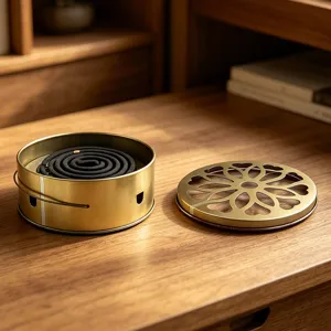 Portable stainless steel mosquito coil holder with lid for indoor and outdoor home use.