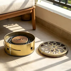 Stainless steel mosquito coil holder with lid, portable ash tray for indoor and outdoor use.
