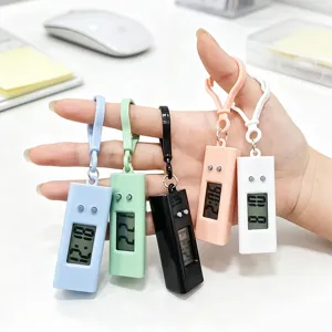 Close-up detail of colorful portable mini electronic watches and hanging timers for students.