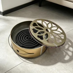 Detailed view of portable metal mosquito coil holder with hollow floral lid and carrying handle.