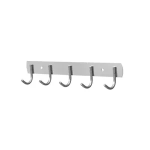 Detalle de perchero de pared de acero inoxidable con 5 ganchos, soporte metálico para el baño.