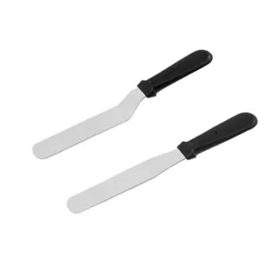 Stainless steel offset baking spatula detail showing smooth blade and black handle.