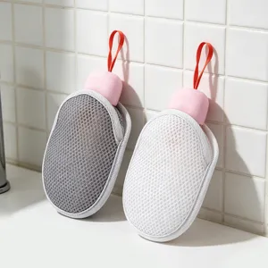 Foaming net for facial cleansing handmade soap lather net with pink handle and hanging loop set 2pcs