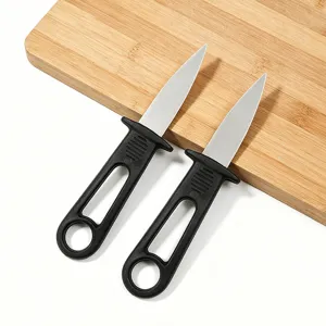 Stainless steel oyster shucking knife set detail, black hollow handle seafood opening tool.