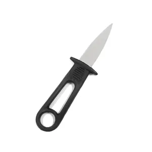 Stainless steel oyster knife with ergonomic black handle for shucking seafood efficiently.