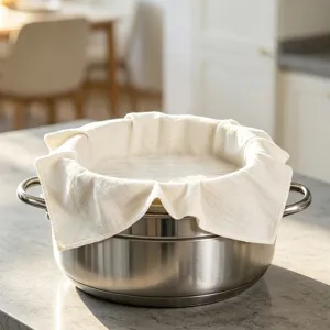 Vue détaillée d'un linge de cuisson en coton blanc placé sur une casserole en inox.
