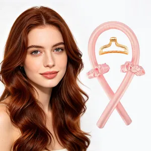Heatless curling rod set with satin pink hair ribbon, claw clip, and scrunchies for wave styling.