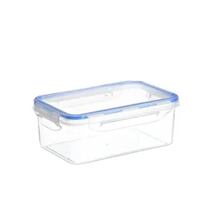 Vista detallada de recipiente de almacenamiento de plástico transparente con tapa azul.
