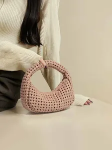 Bolso de mano tejido para mujer, elegante bolso hobo de cuero rosa con asa redonda, diario.