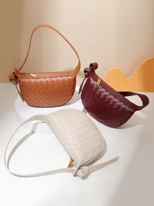 Borsa a spalla in pelle intrecciata da donna, elegante borsa minimalista con zip e nodo.
