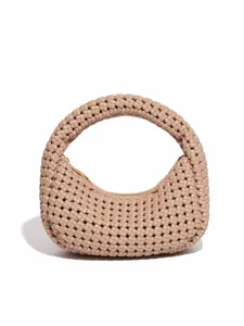 Bolso de mano de cuero trenzado, elegante bolso de media luna con asa redonda, beige.