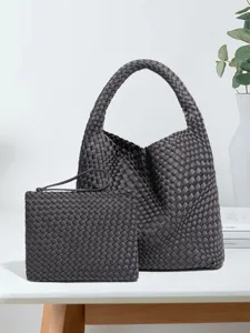 Handgemaakte geweven hobo tas en clutch set, stijlvolle donkergrijze schoudertas voor dames.