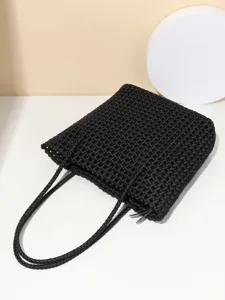 Sac cabas bandoulière tissé noir, grande capacité sac à main quotidien minimaliste et décontracté.