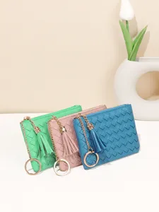 Mini portefeuille zippé tissé avec gland et porte-clés, joli étui à cartes pour femmes.