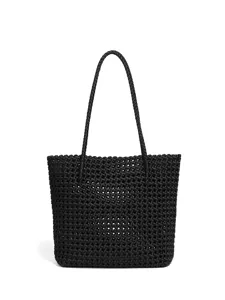 Sac cabas en cuir tressé noir, grand sac épaule minimaliste de grande capacité pour femme.