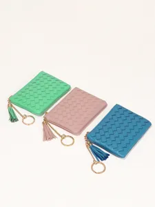 Petit Porte-Monnaie Zippé en Cuir Tressé Mignon Pompon Porte-Clés Étui à Cartes pour Femme