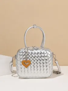 Femme Tissé Cuir PU Sac Bowling Motif Losange Tissé à la Main Top Handle Sac Bandoulière Minimaliste Urbain Navette Sac Épaule