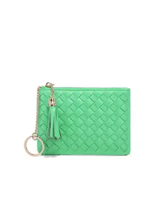 Porte-monnaie en cuir tisse vert avec pompon et porte-cles, mini portefeuille compact zippe.