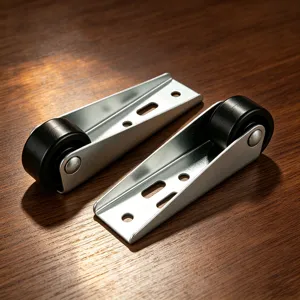 Close-up detail of sliding door roller wheel with metal bracket and black nylon wheel.