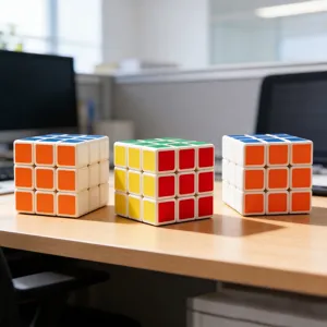 Vista detallada de tres cubos magicos 3x3 en escritorio para rompecabezas fluido.