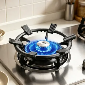 Vue détaillée du support de cuisinière à gaz en fonte avec structure antidérapante pour woks.