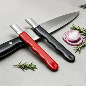 Detailed view of kitchen knife sharpener tool, portable manual sharpener for home kitchen.